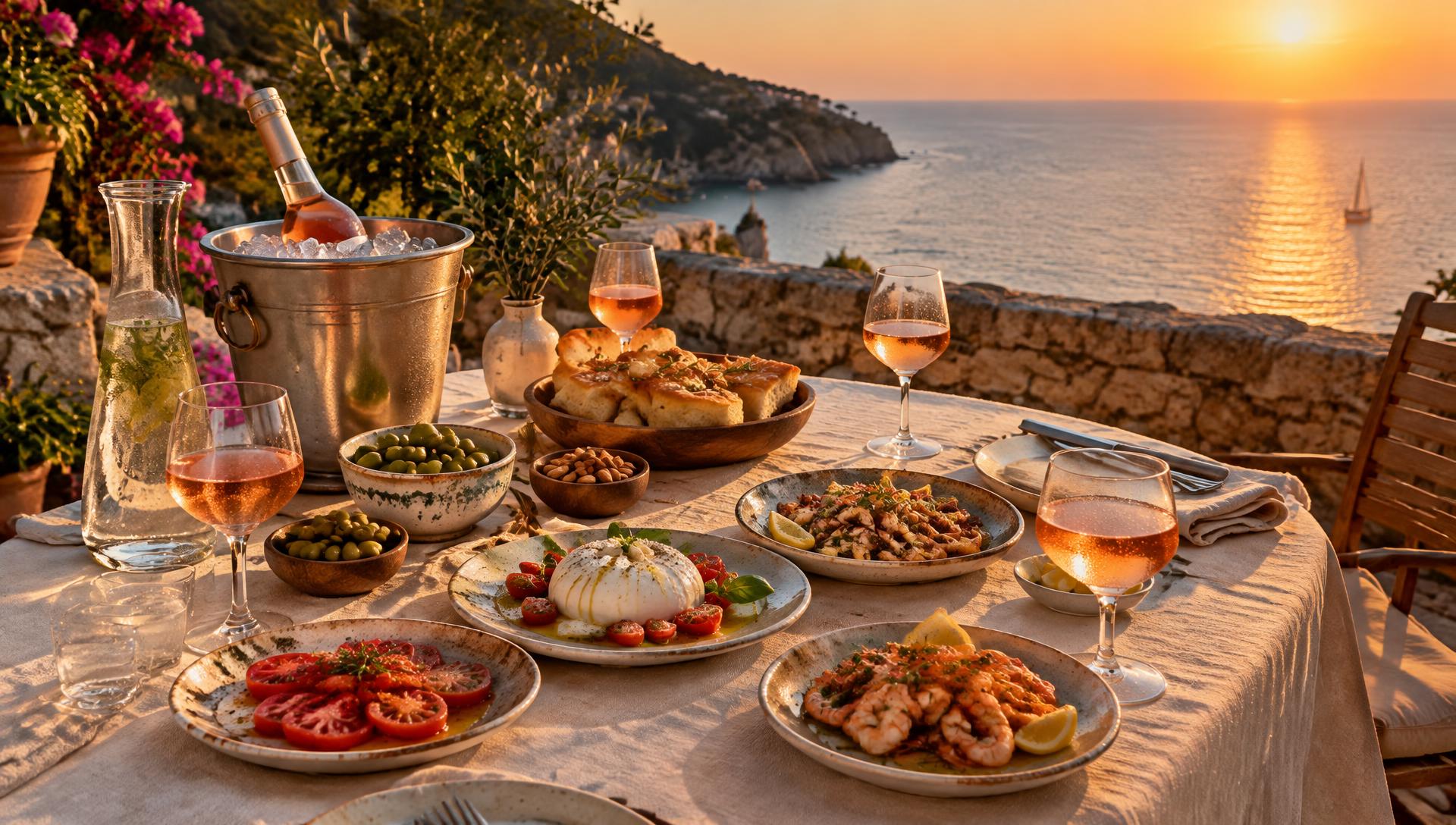 Apéritif table with olives, bread, tomatoes and glasses of pale rosé on a Mediterranean terrace at sunset
