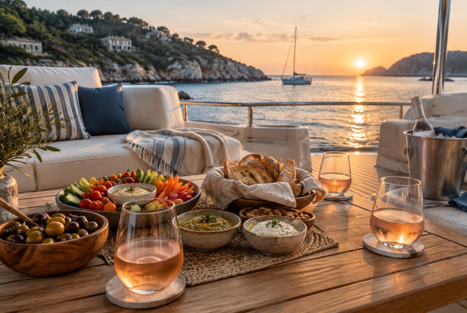 Sunset apéritif on a yacht deck with olives, crudités, bread, dips and glasses of pale rosé