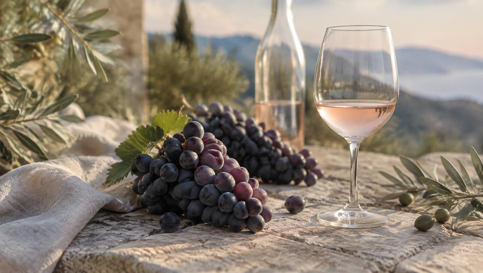 Grenache grapes beside a glass of pale rosé on a Mediterranean stone table