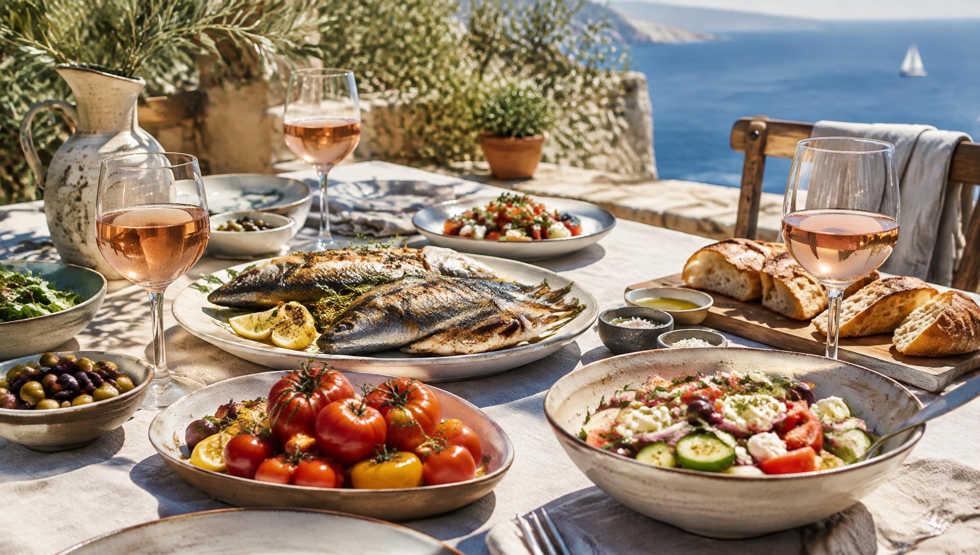 Mediterranean lunch table with grilled fish, salads and glasses of pale rosé