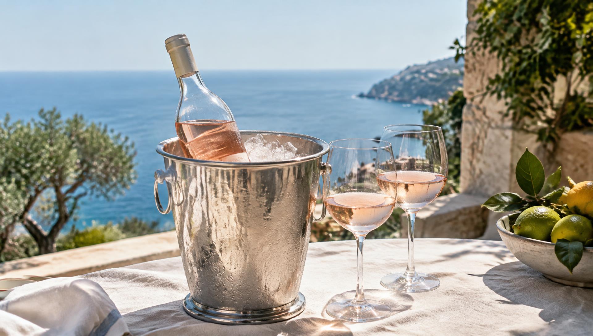 Rosé bottle chilling in an ice bucket beside two glasses on a Mediterranean terrace