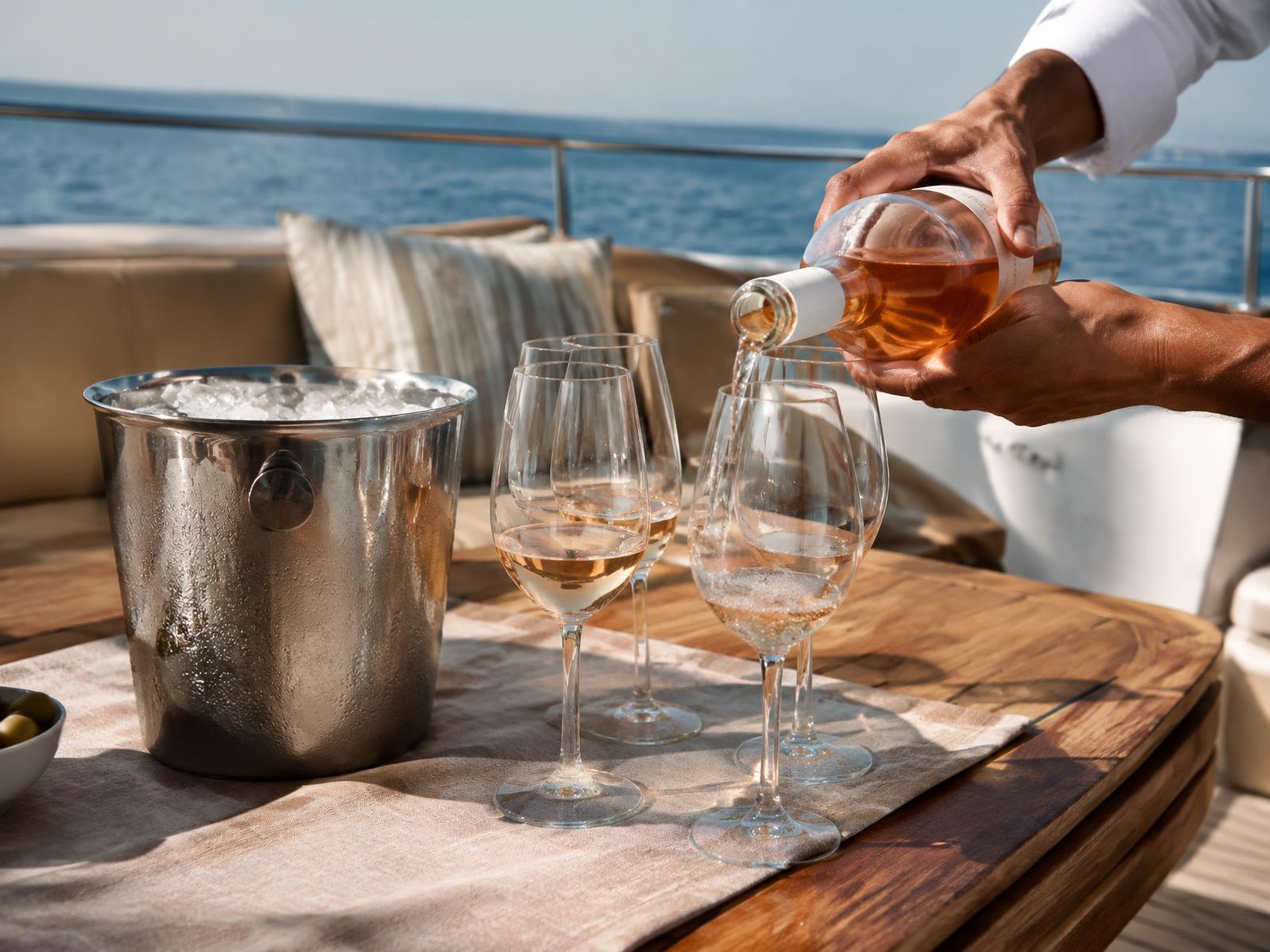 Crew member pouring pale rosé into glasses on a yacht deck beside an ice bucket