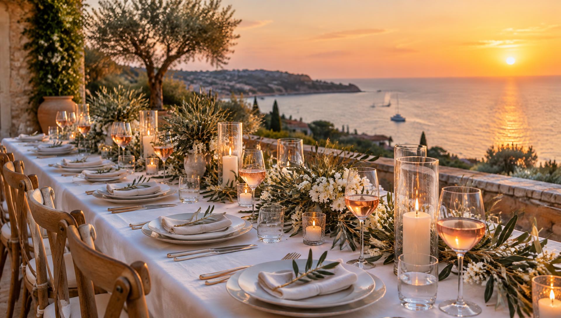 Long wedding dinner table at sunset on a Mediterranean terrace with glasses of pale rosé