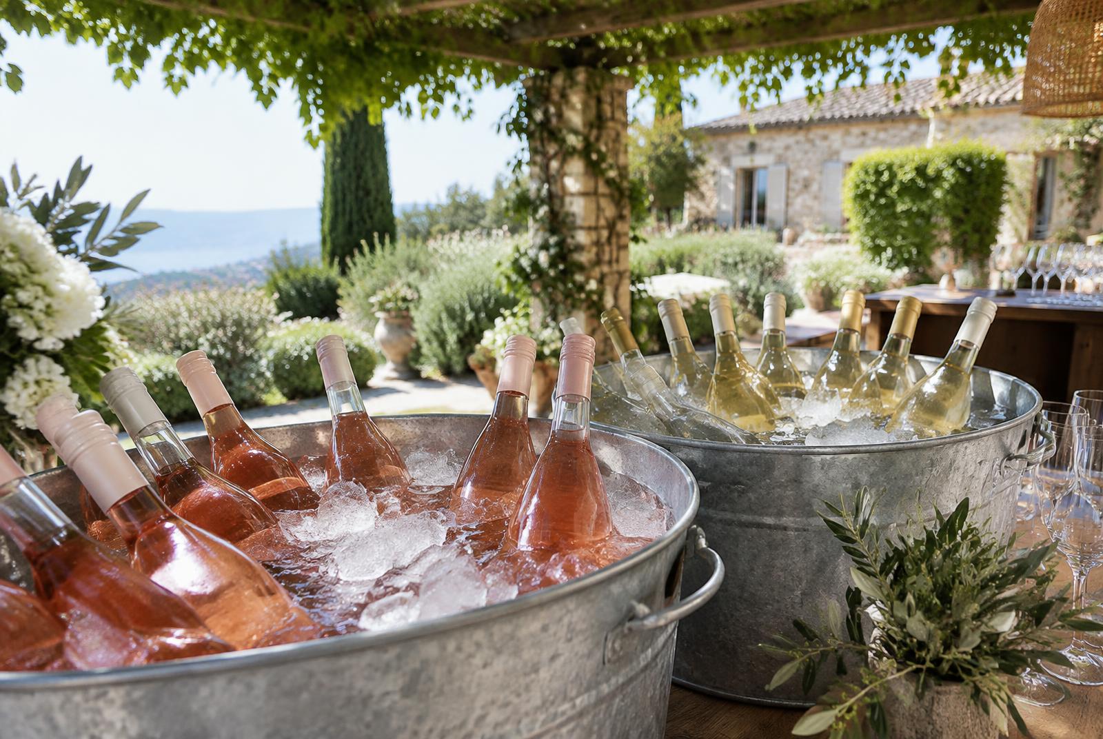 Bottles of rosé and white wine chilling in ice tubs behind a shaded wedding bar in a Mediterranean villa garden