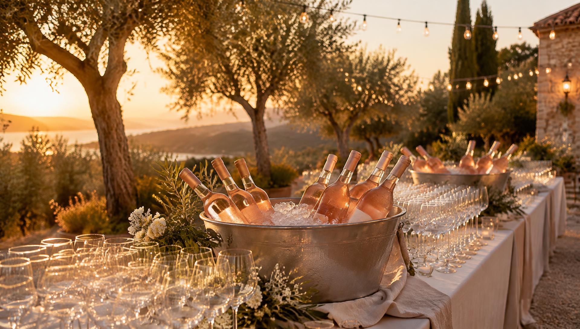 Rosé bottles chilling in ice tubs at an outdoor Mediterranean event