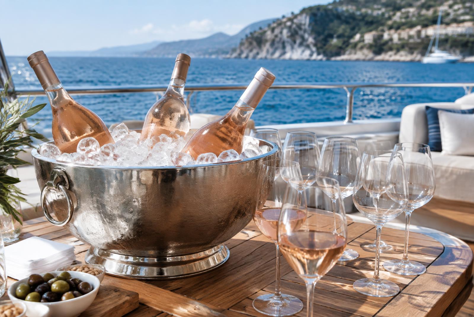 Rosé bottles chilling in a silver ice bowl beside glasses on a yacht deck