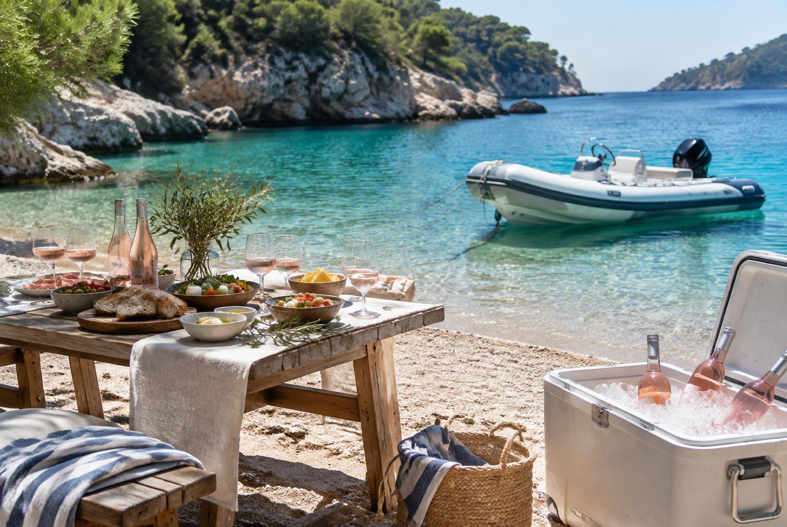 Beach lunch table in a Mediterranean cove with rosé chilling in a cool box and a yacht tender moored nearby