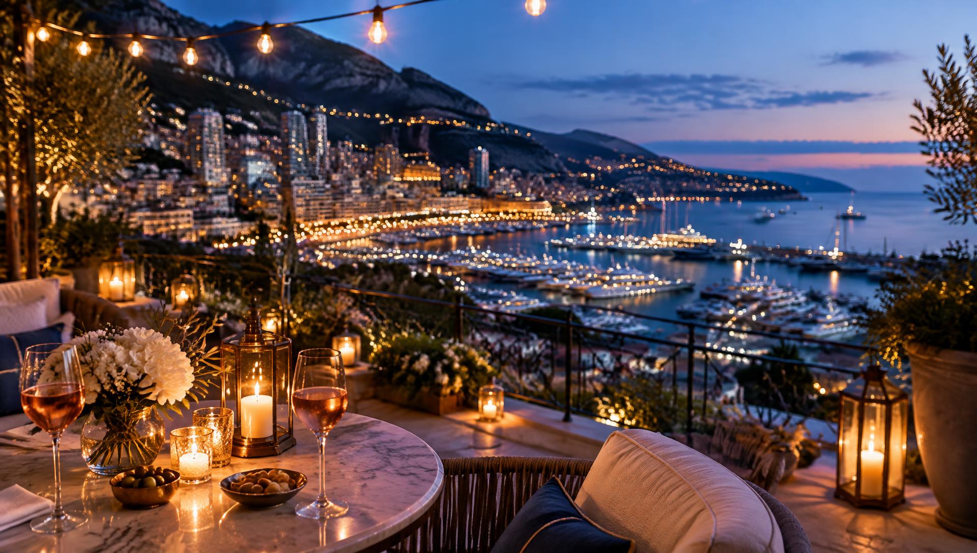 Candlelit terrace overlooking Monaco harbour with glasses of rosé