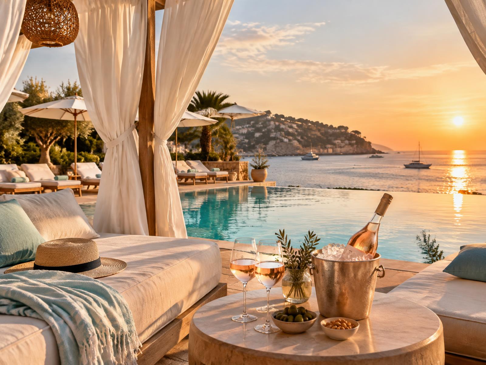 Cabana beside an infinity pool overlooking the sea at sunset, with rosé on a side table