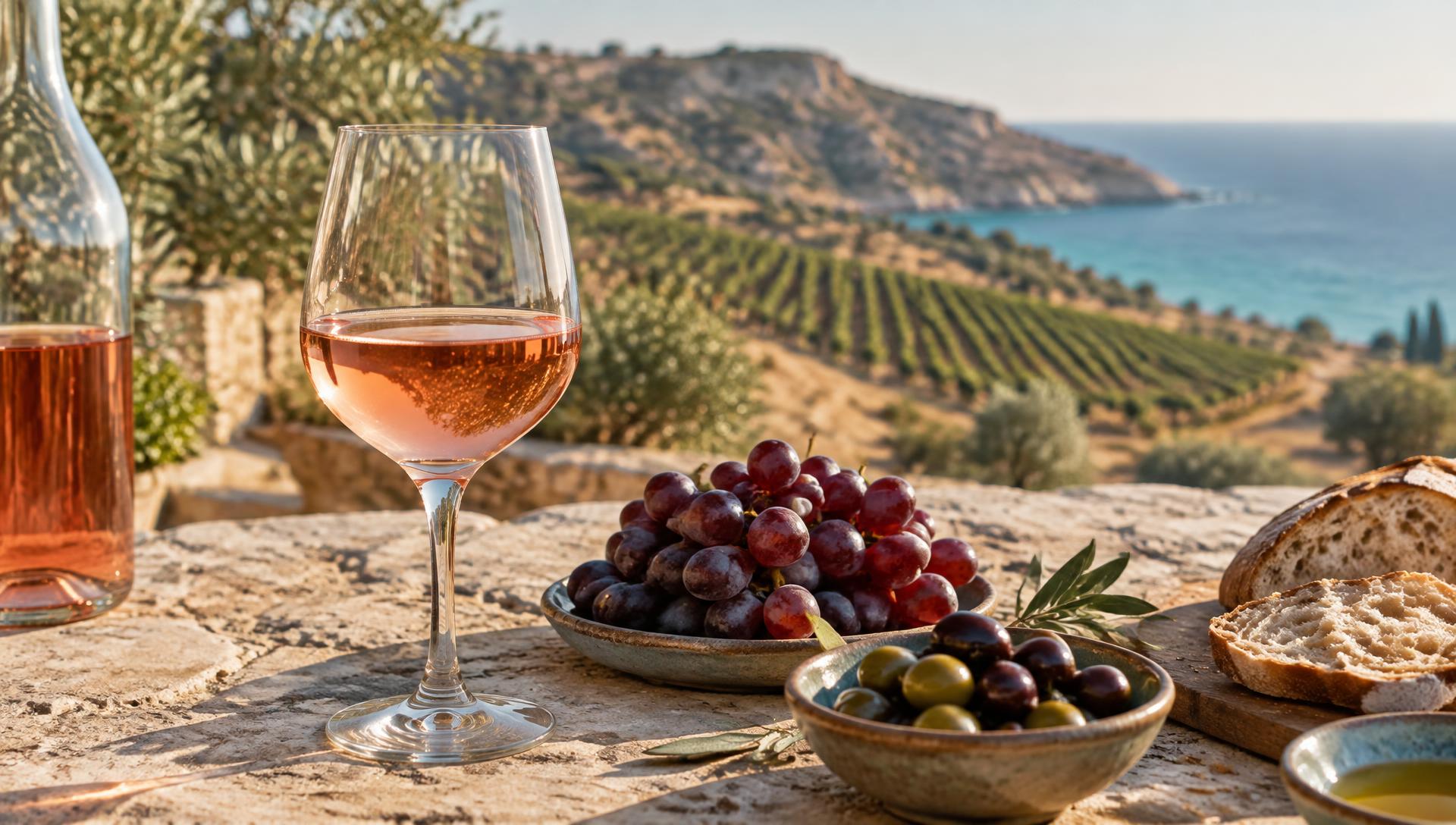 Glass of pale rosé on a stone Mediterranean table with Grenache grapes above vineyards and the sea