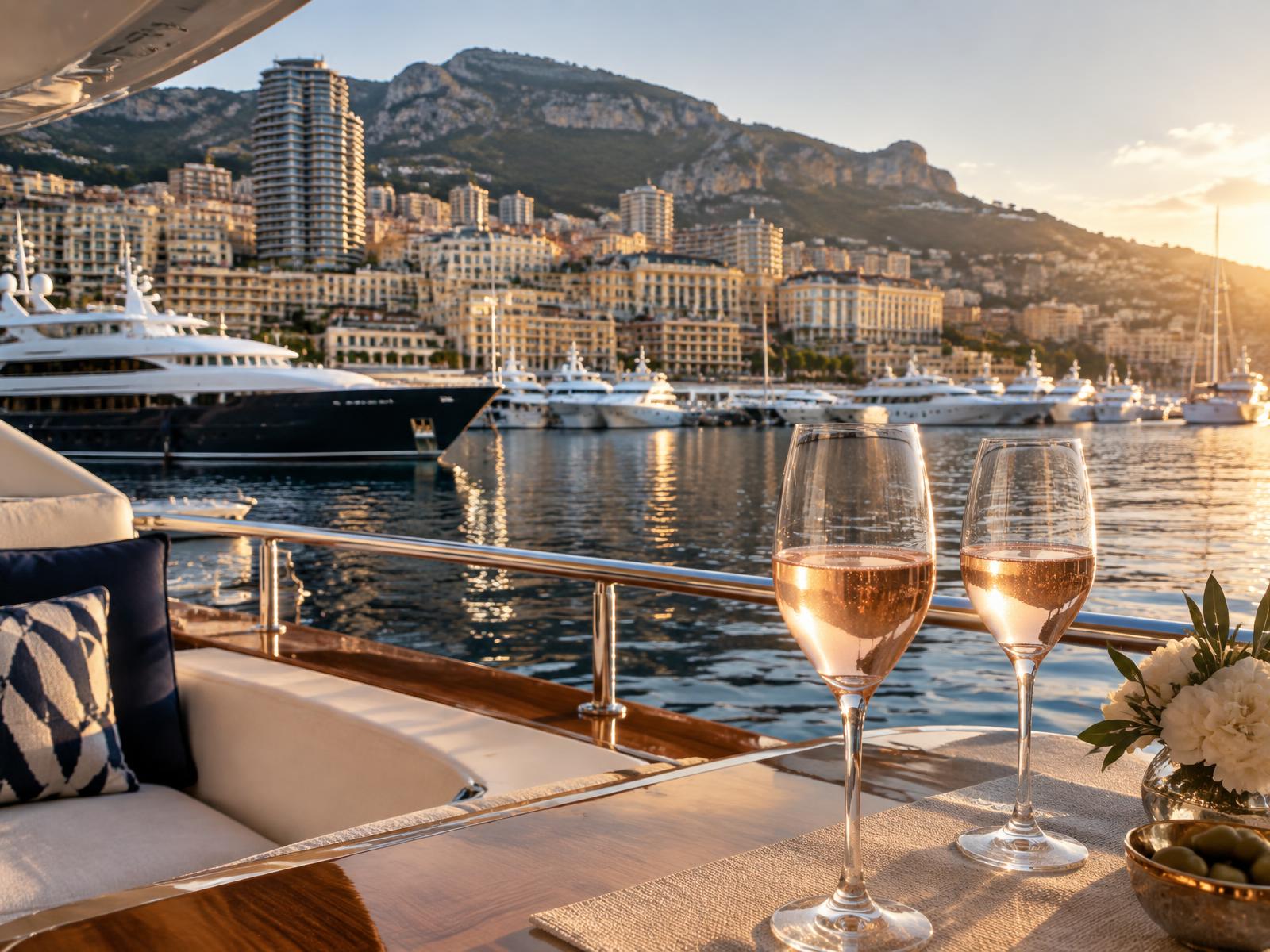 Two glasses of rosé on a yacht deck overlooking Monaco harbour