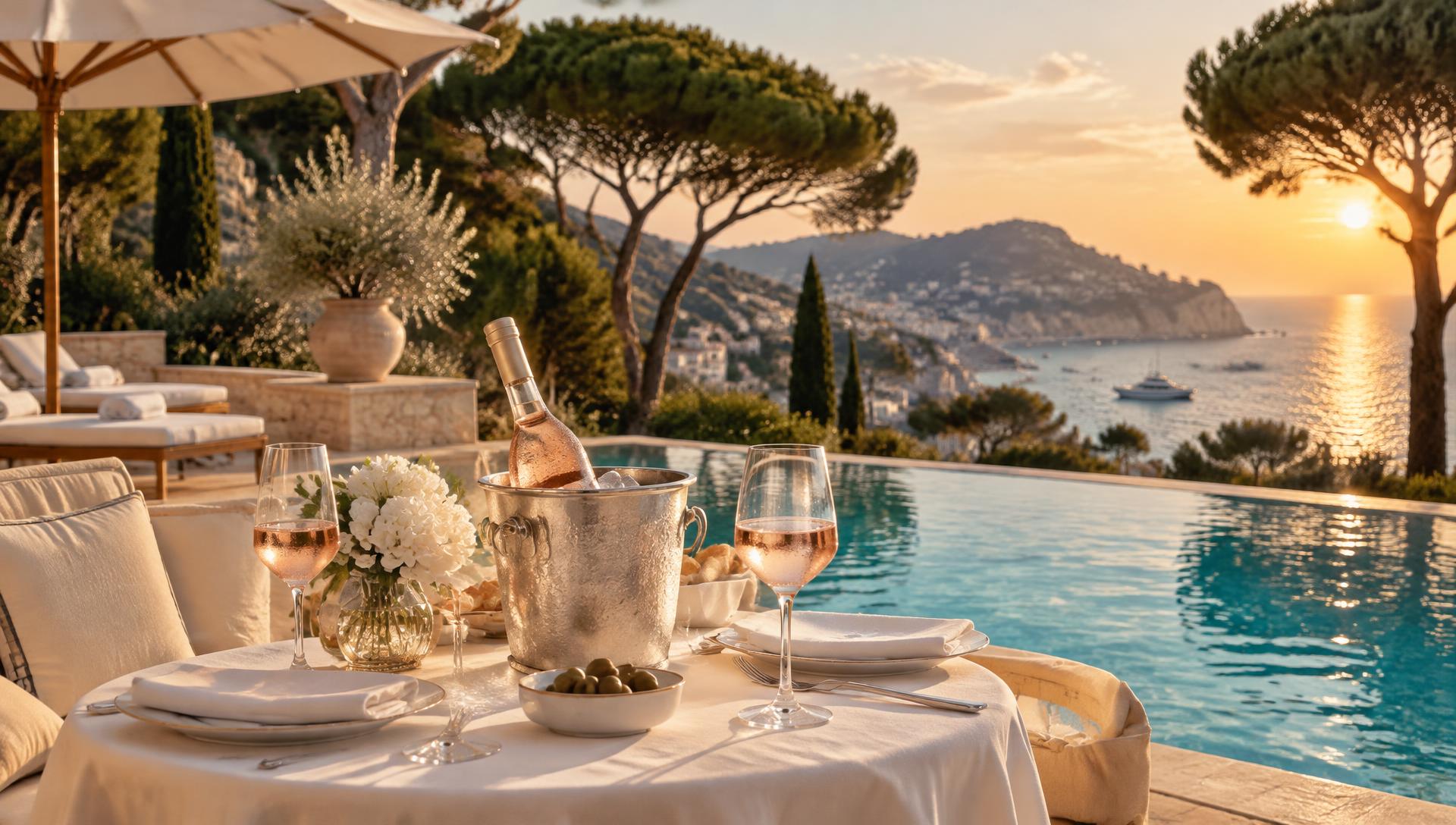 Poolside table at a Mediterranean villa set for an afternoon gathering