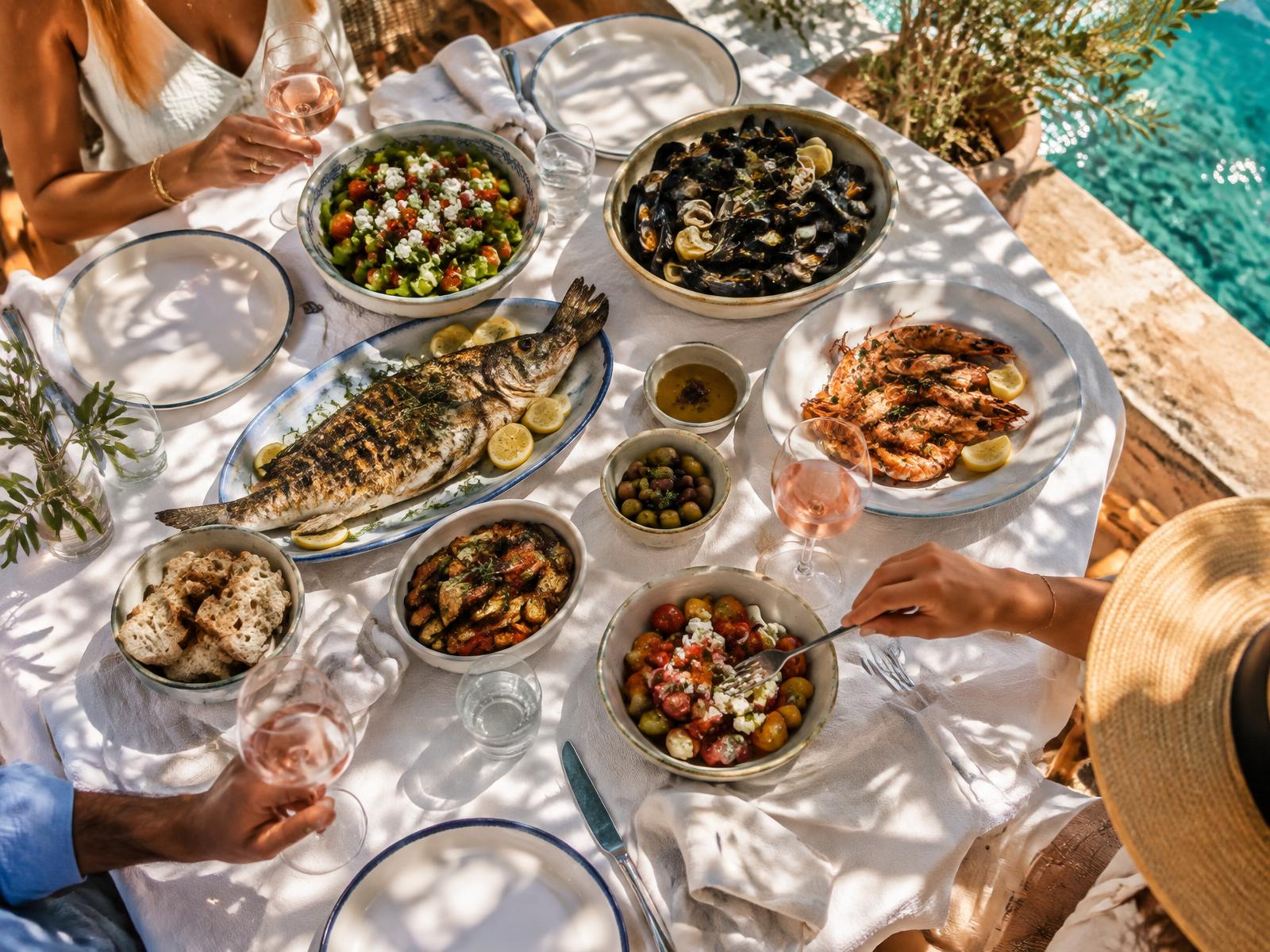 Mediterranean lunch of grilled fish, shellfish and salads with glasses of rosé on a terrace