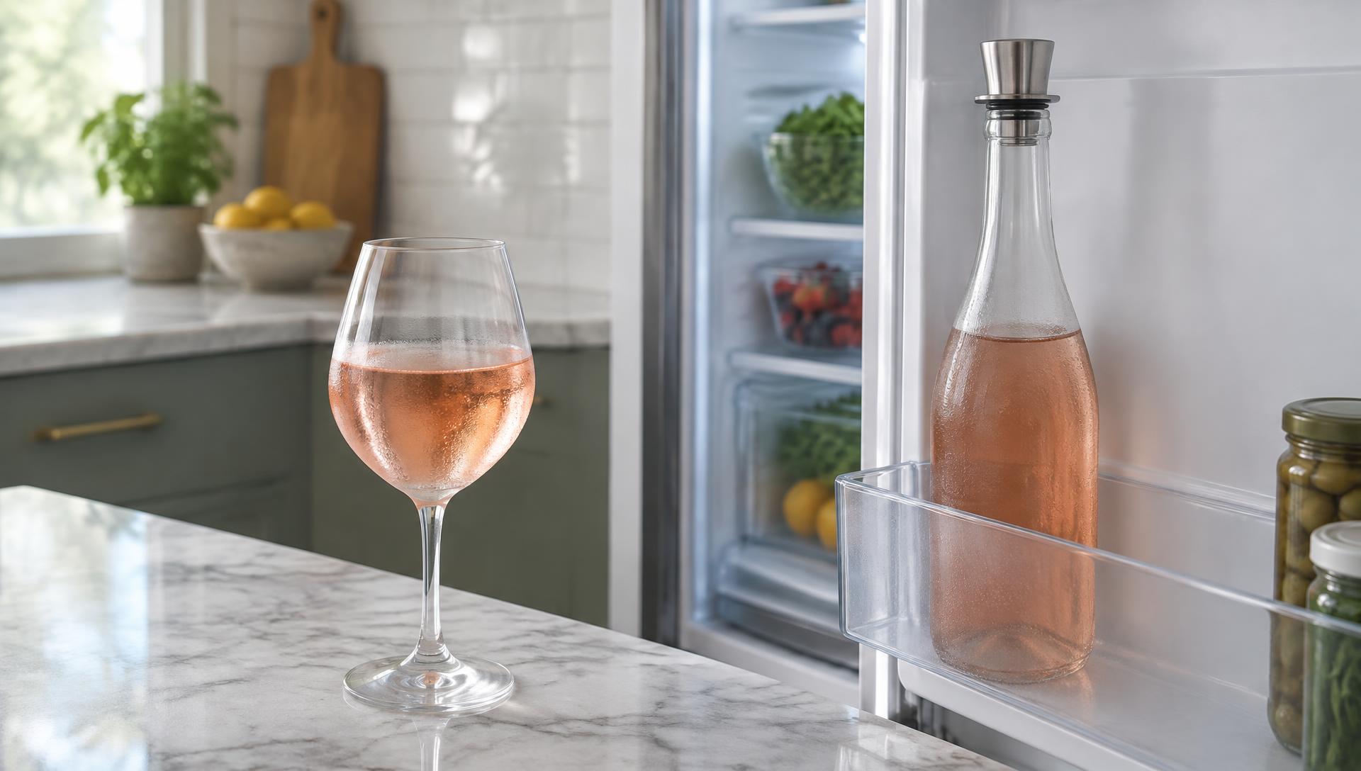 Opened rosé bottle with a stopper in a refrigerator door beside a glass of chilled rosé