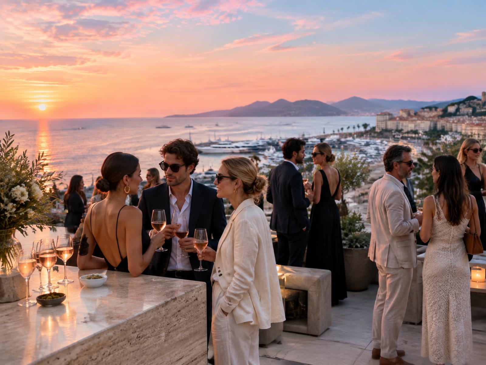 Rooftop launch reception at sunset with French rosé