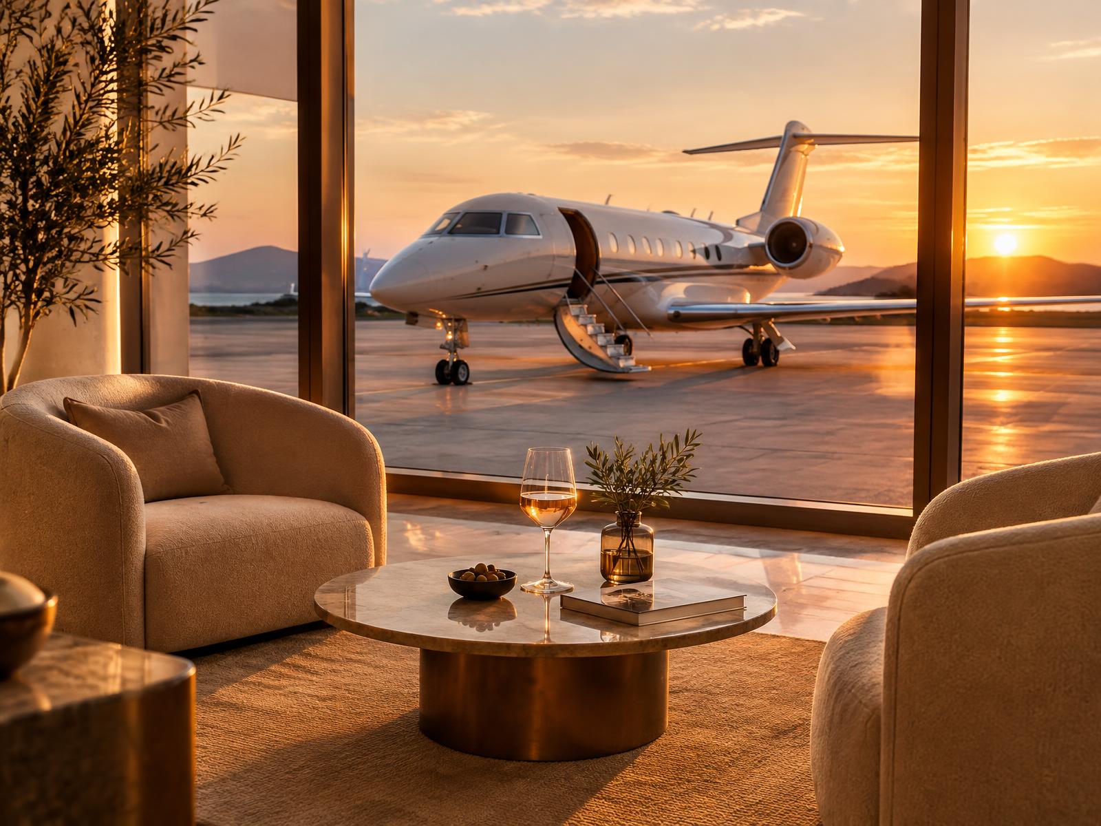 VIP lounge with armchairs and a glass of rosé, overlooking a business jet at sunset