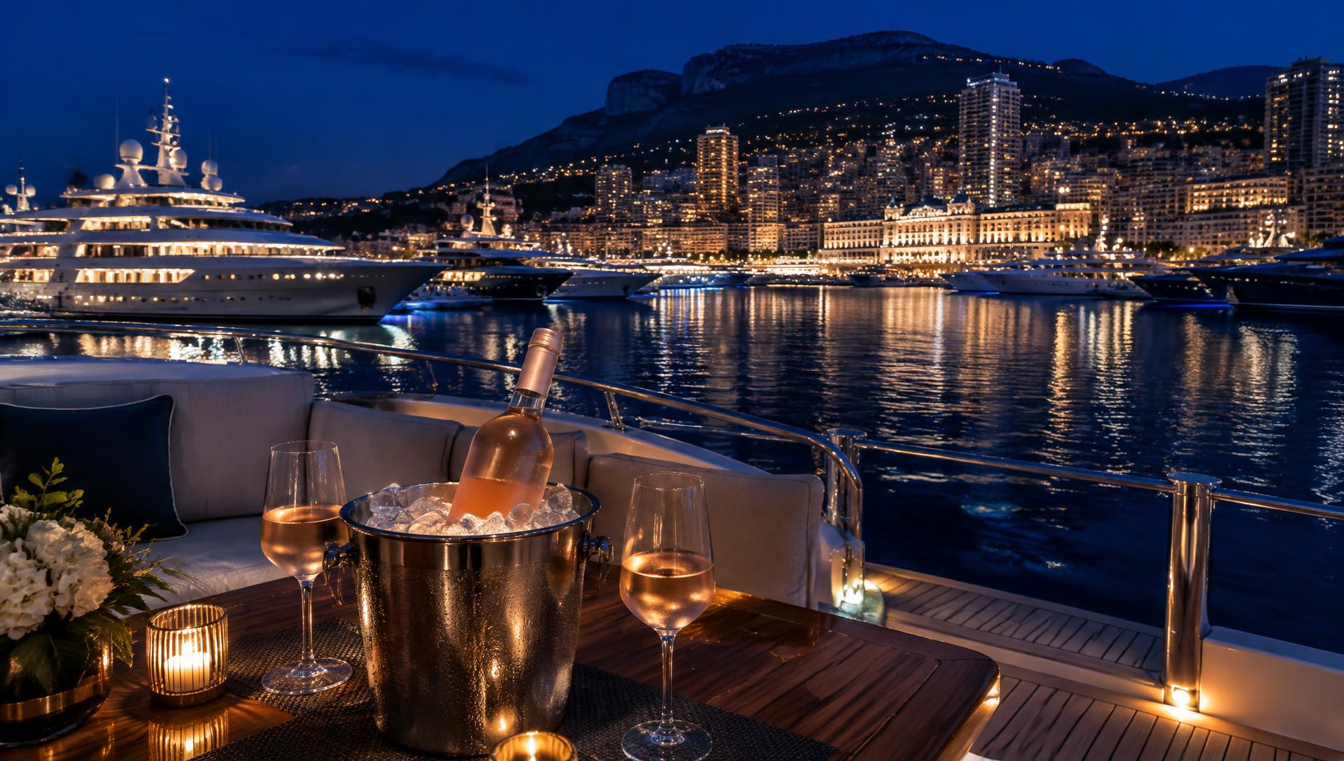 Port Hercule at night with illuminated superyachts and a bottle of rosé on ice on a yacht deck