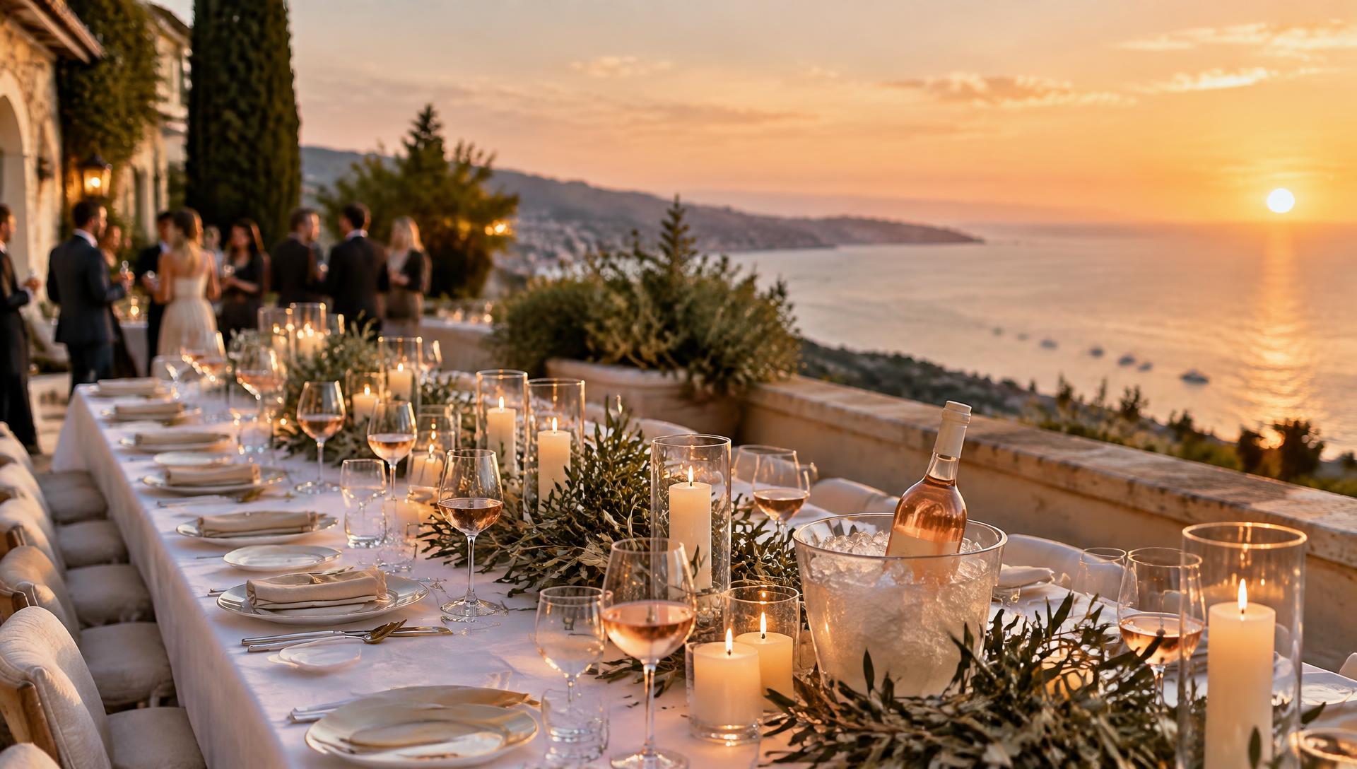 Welcome dinner table set outdoors at dusk