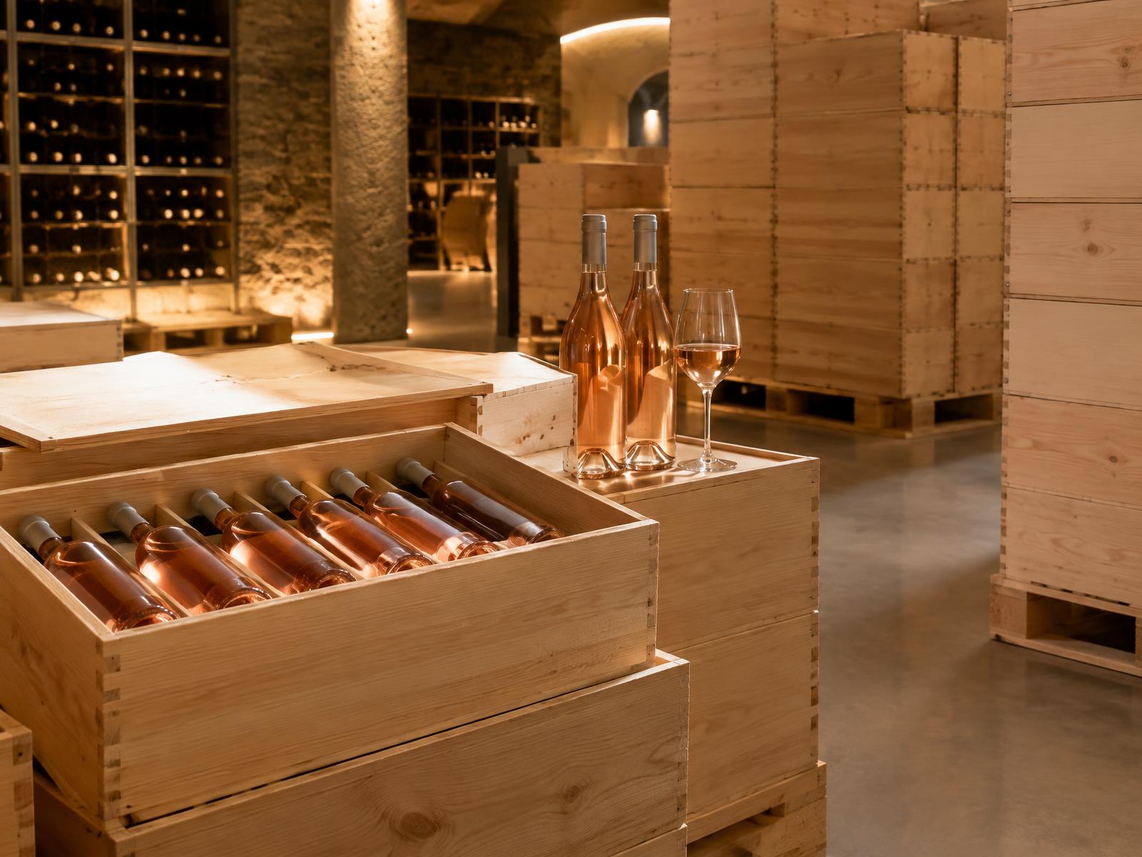 Six-bottle wooden cases of rosé in a wine cellar
