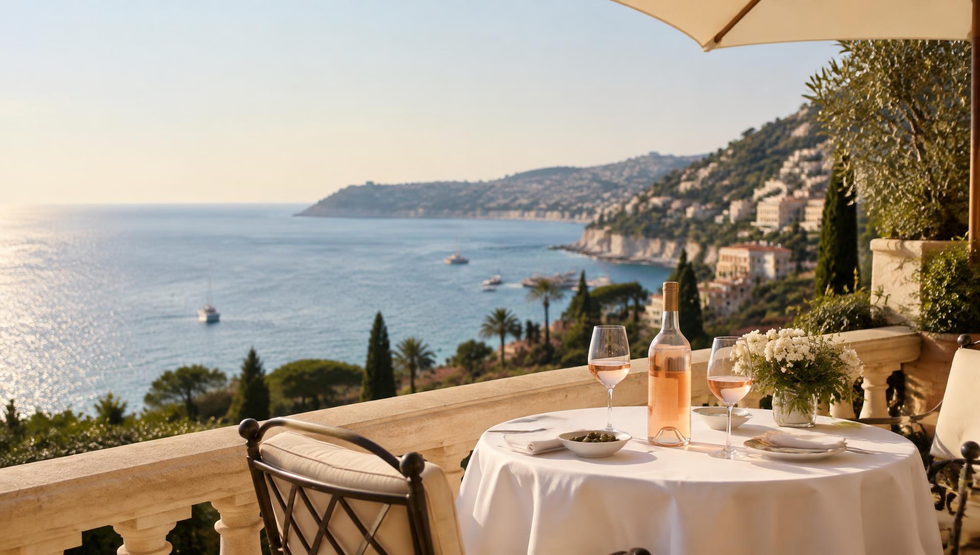 Bottle of French rosé and two glasses on a hotel terrace overlooking the French Riviera