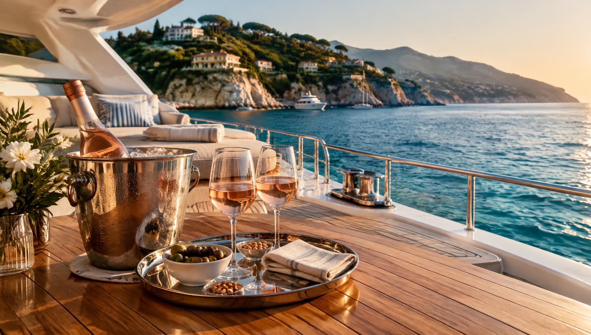 Glasses of rosé on the deck of a yacht anchored off the Côte d'Azur