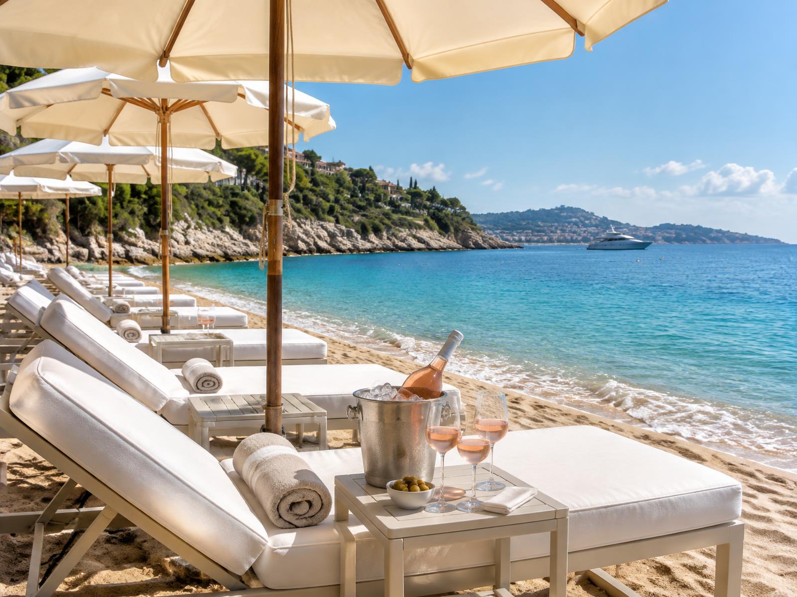 Sunbeds and parasols on a Riviera beach with rosé chilling in an ice bucket