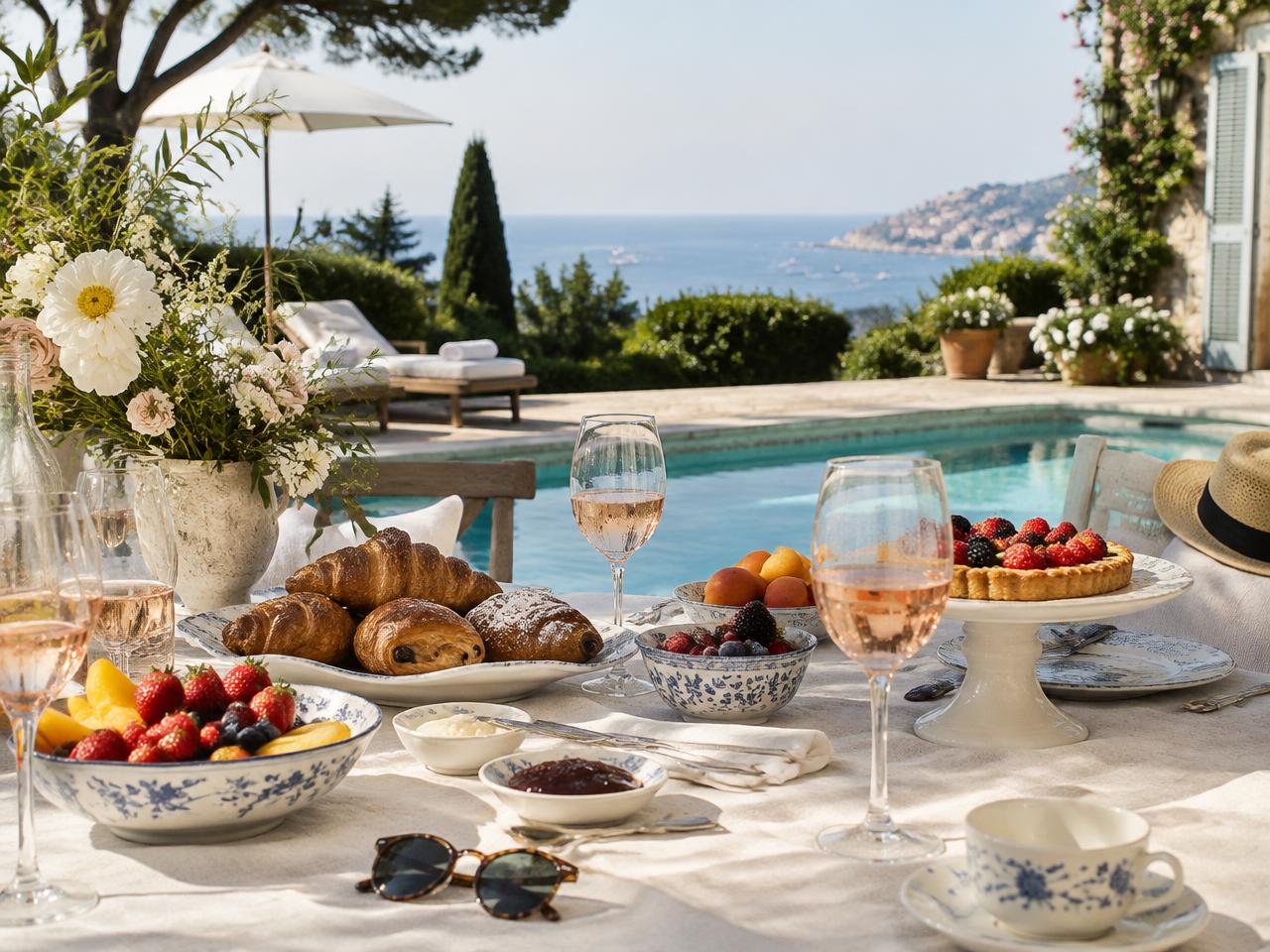 Day-after wedding brunch by a villa pool with glasses of rosé