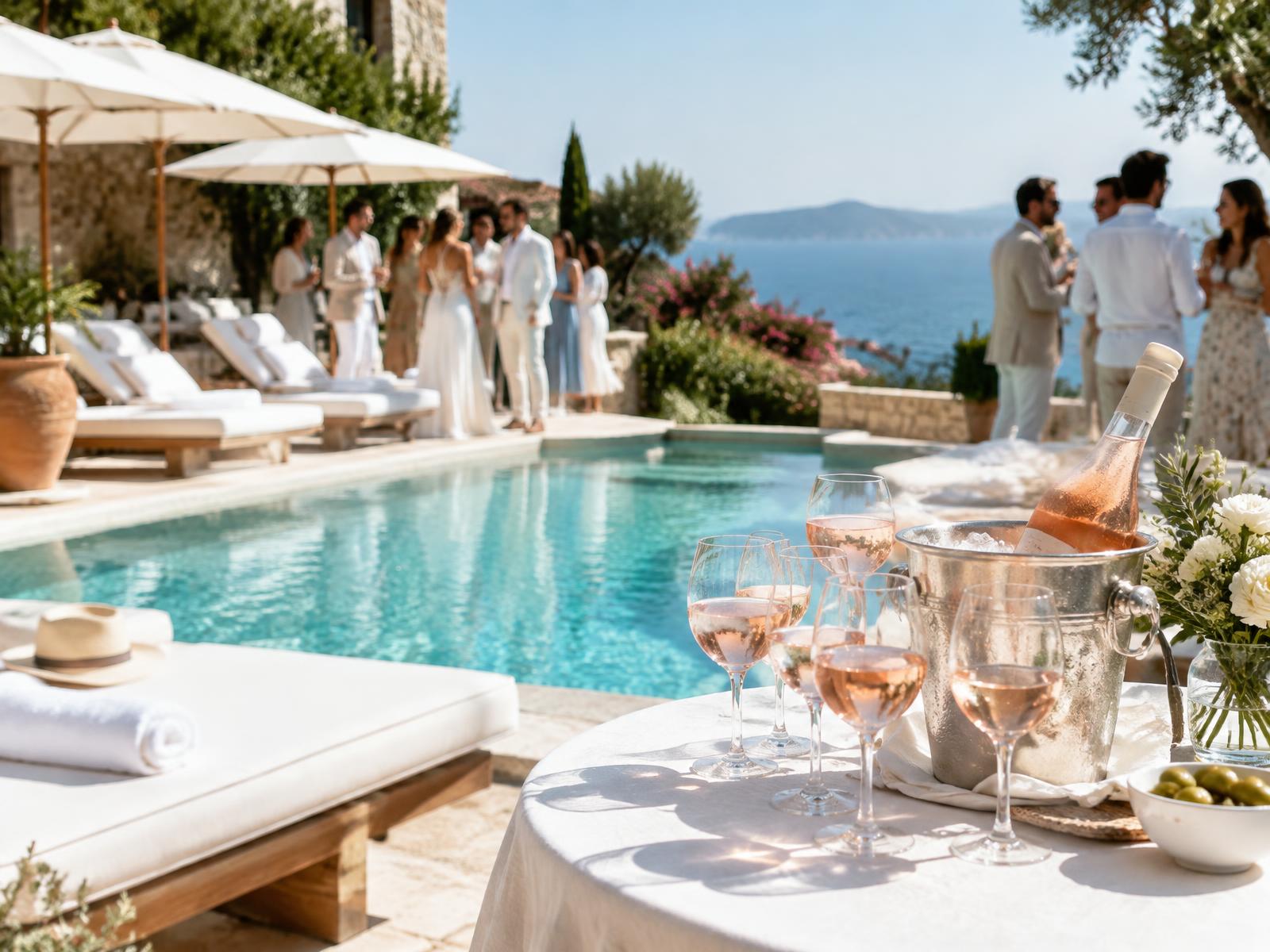 Wedding pool party with rosé