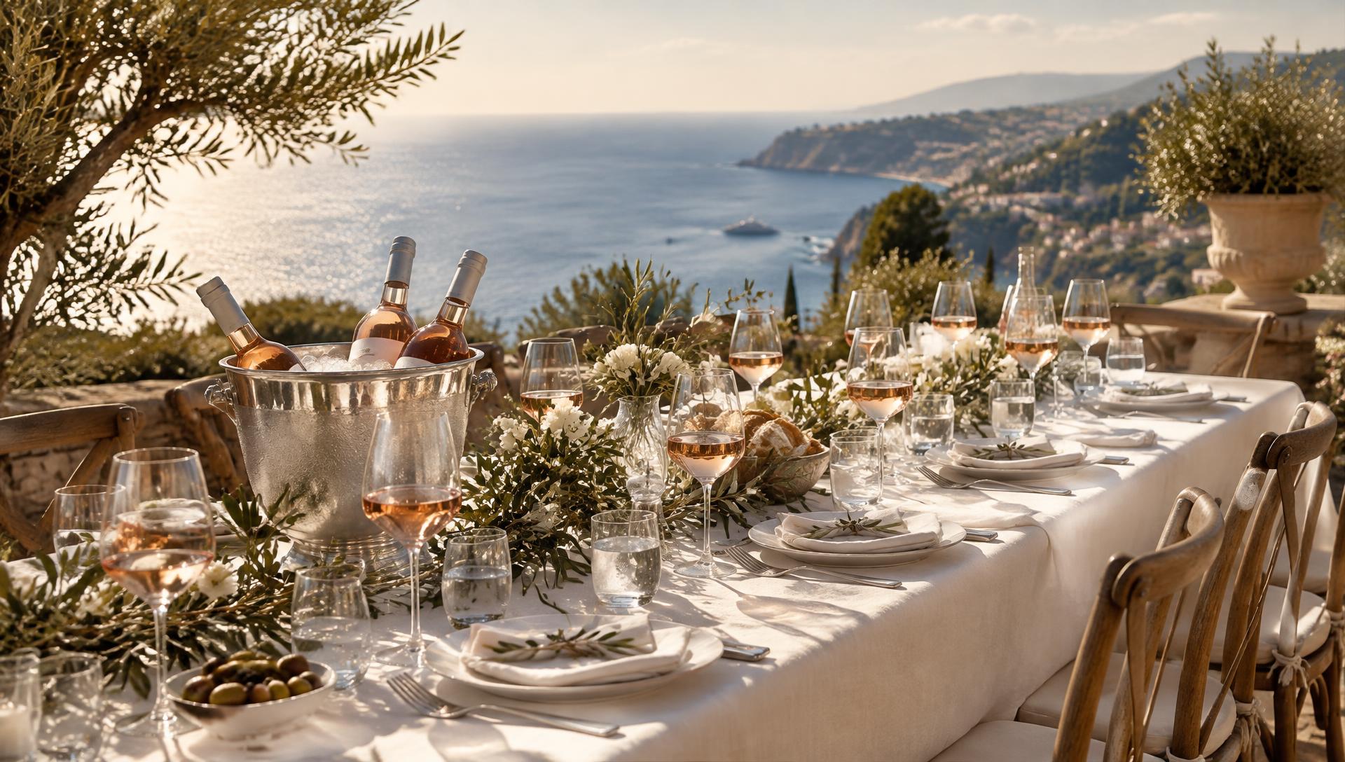 Wedding lunch table on a Riviera terrace above the sea with chilled rosé in ice