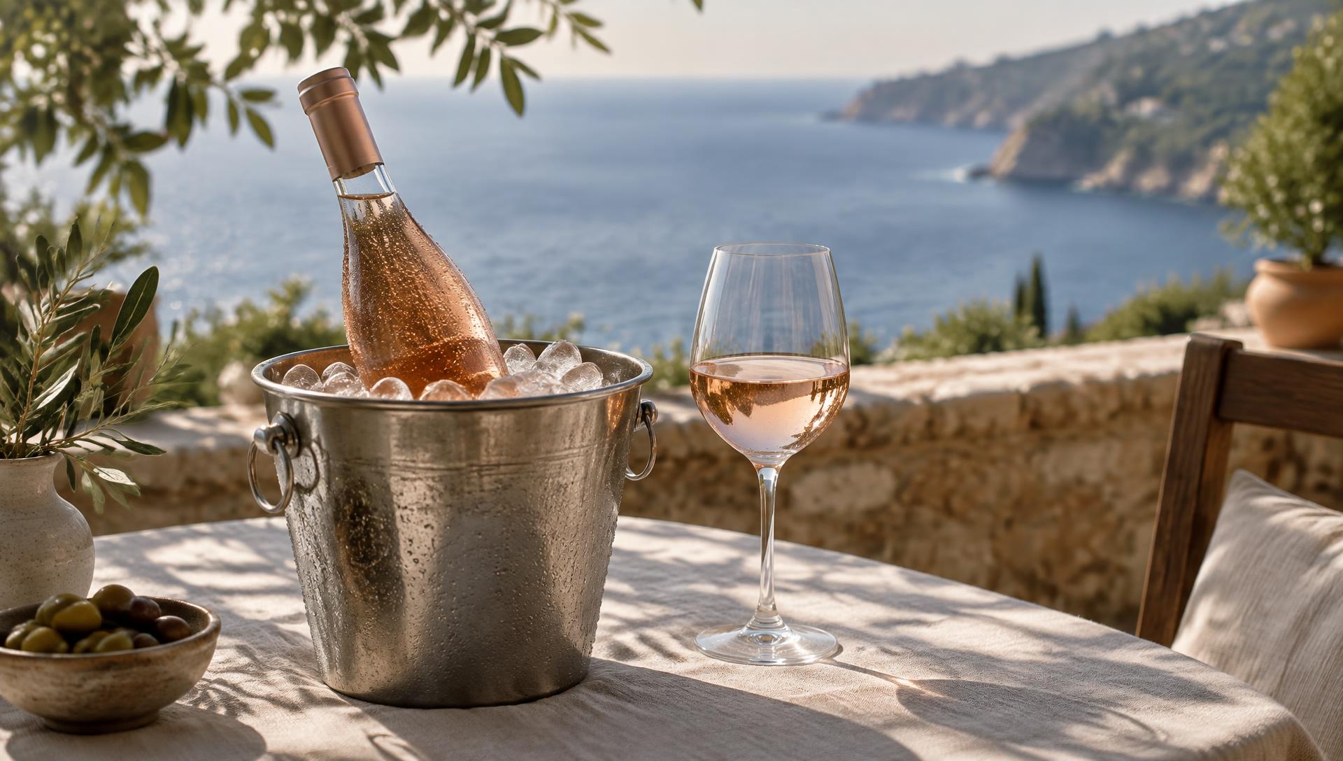 Rosé bottle cooling in an ice-water bucket beside a glass of chilled rosé