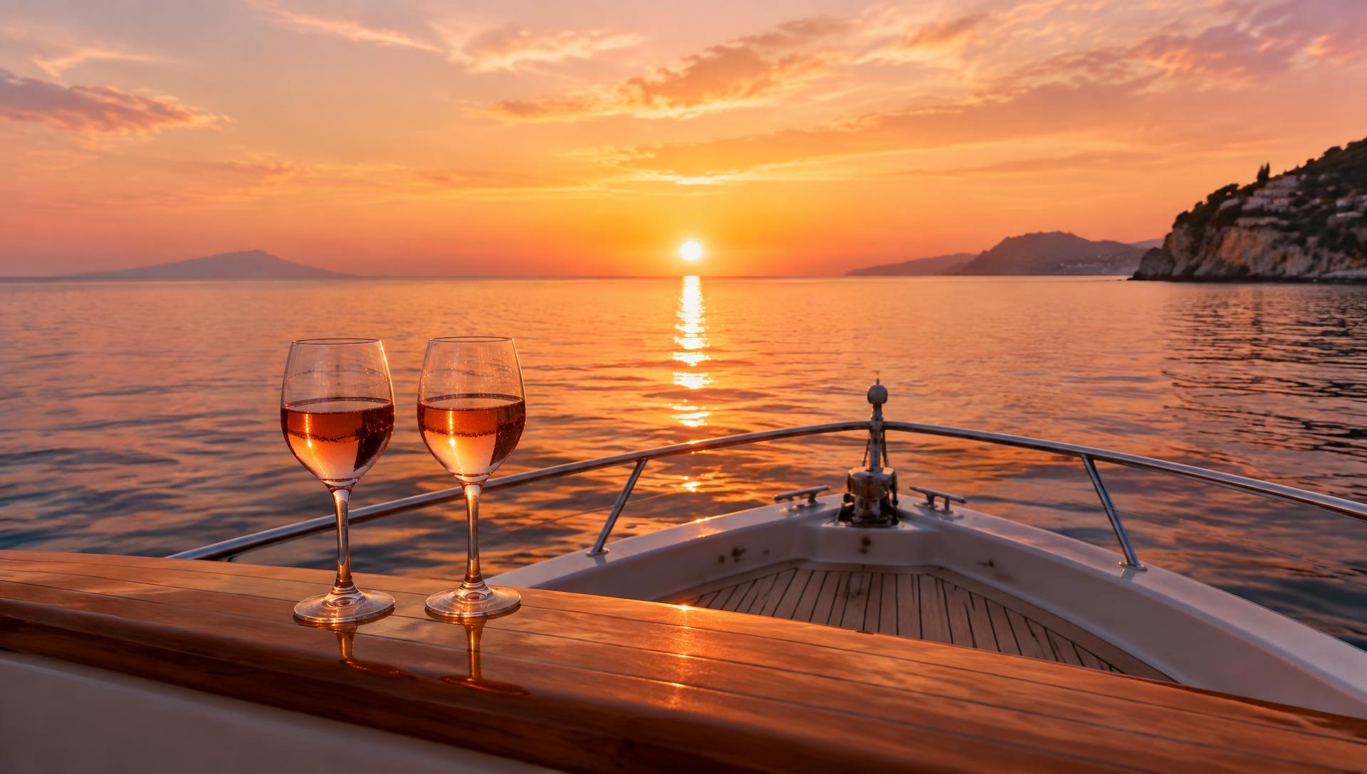 Two glasses of rosé on a yacht bow at sunset on the Mediterranean