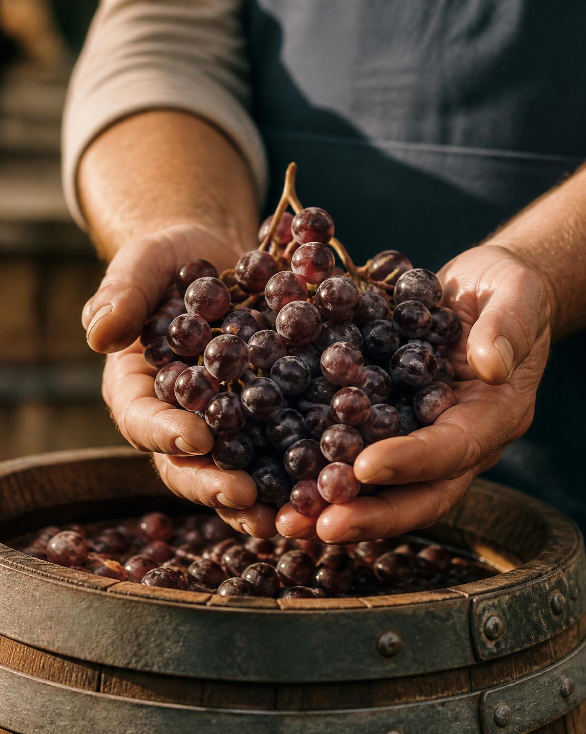 Mains de vigneron tenant des grappes de raisin